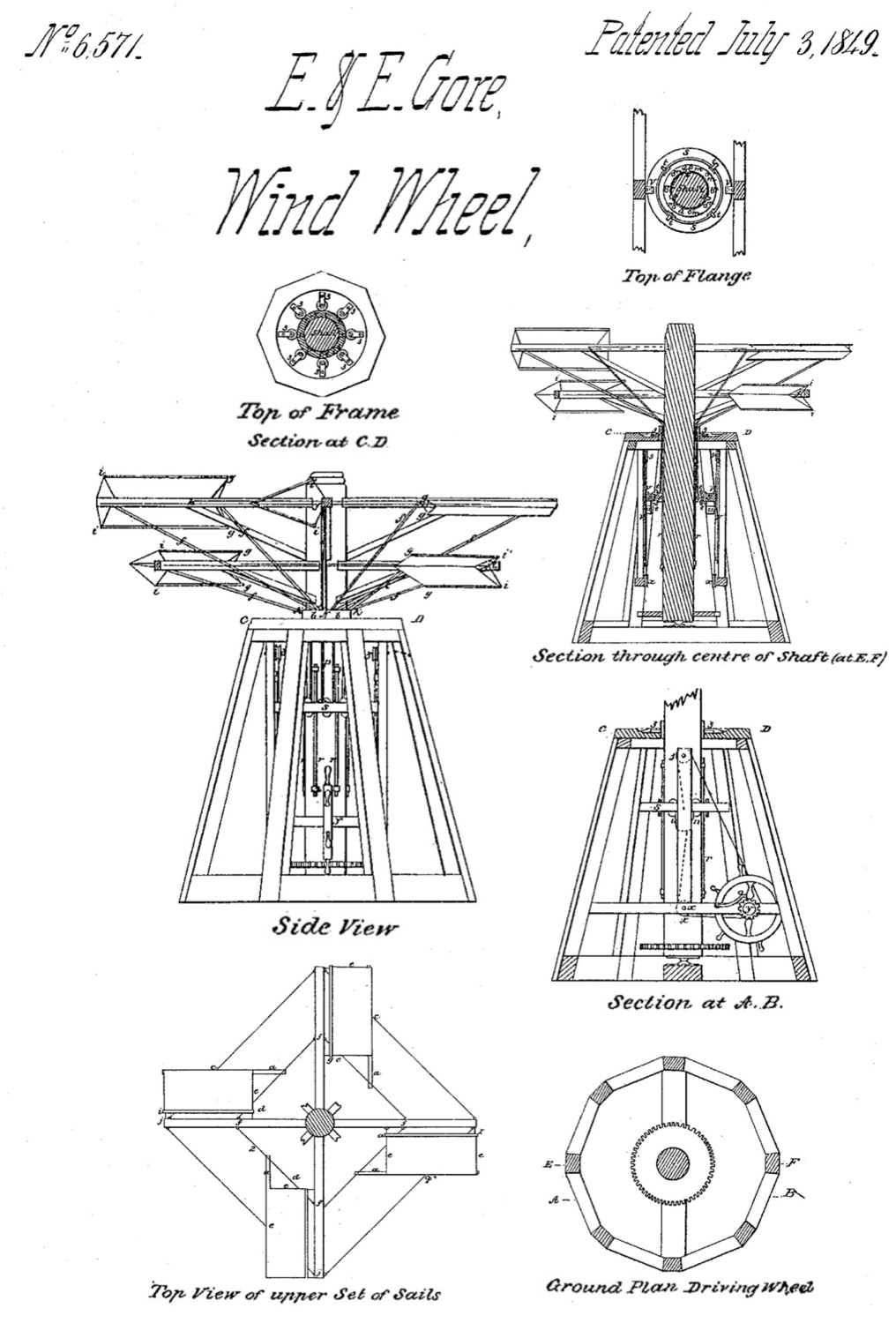 Patent drawing number 6,571: mechanical elevations and plan views for a wind wheel, granted to E. and E. Gore, 3 July 1849.