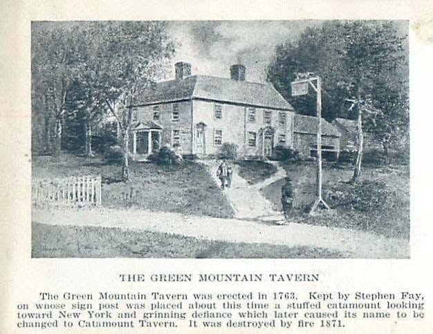 Illustrated print of a two-storey clapboard tavern among trees, with a tall sign
        post at the right and a small mounted shape at its top.