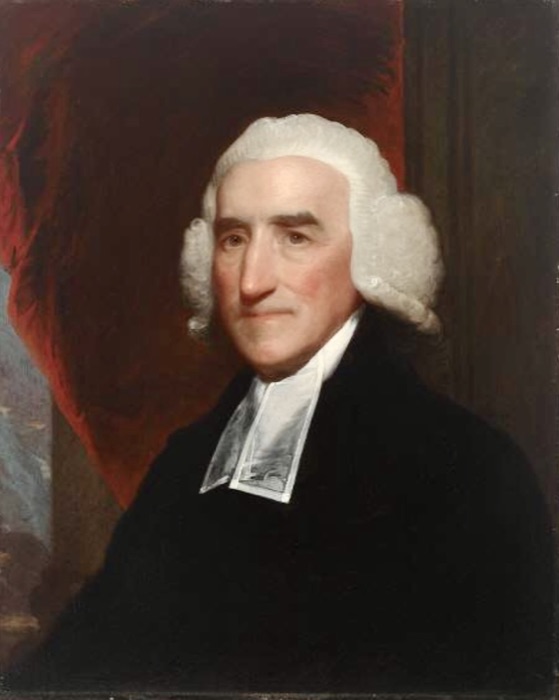 Oil portrait of an elderly clergyman in a white powdered wig, black gown and white preaching bands, against a red curtain.