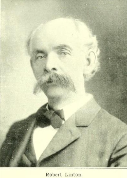 Halftone photographic portrait of Robert Linton, an older man with white hair and a full moustache, in a dark coat and bow tie.